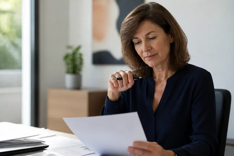 Une femme réfléchit à ses documents financiers, comparant les détails des enveloppes fiscales pour optimiser ses placements.