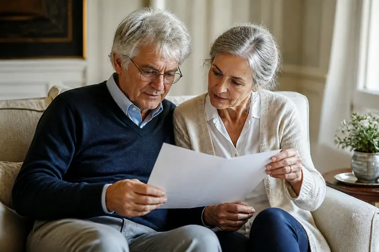 Un couple âgé français discute paisiblement de la transmission de leur patrimoine, symbolisant la planification financière à long terme.
