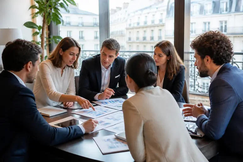 Des professionnels français dans une salle de réunion discutent des performances financières et des opportunités d'investissement pour les PME.