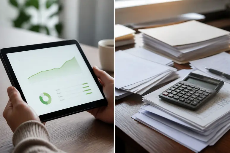 Comparaison visuelle entre les interfaces simplifiées d'un PEA-PME et la complexité d'un compte-titres ordinaire pour l'investisseur français.
