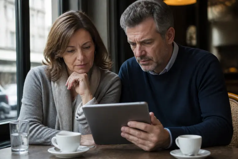 Un couple de Parisiens discute de ses investissements boursiers autour d'un café, analysant les graphiques sur une tablette.