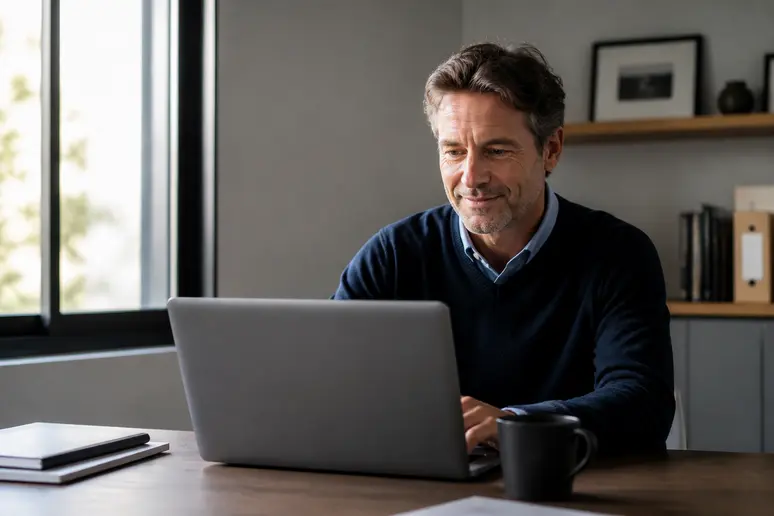 Un homme d'affaires français concentré consulte son écran d'ordinateur, gérant ses finances personnelles depuis son bureau à domicile avec sérénité.