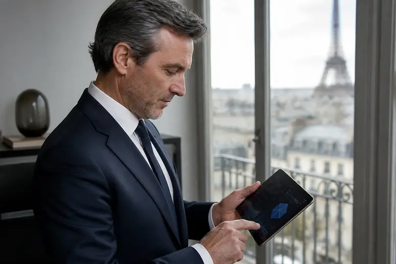Un homme d'affaires français analyse attentivement les données financières complexes affichées sur une tablette dans un bureau moderne.