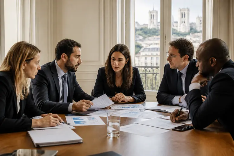 Professionnels français discutent de la réglementation des crypto-actifs et des RWA lors d'une réunion dans une salle de conférence lumineuse.