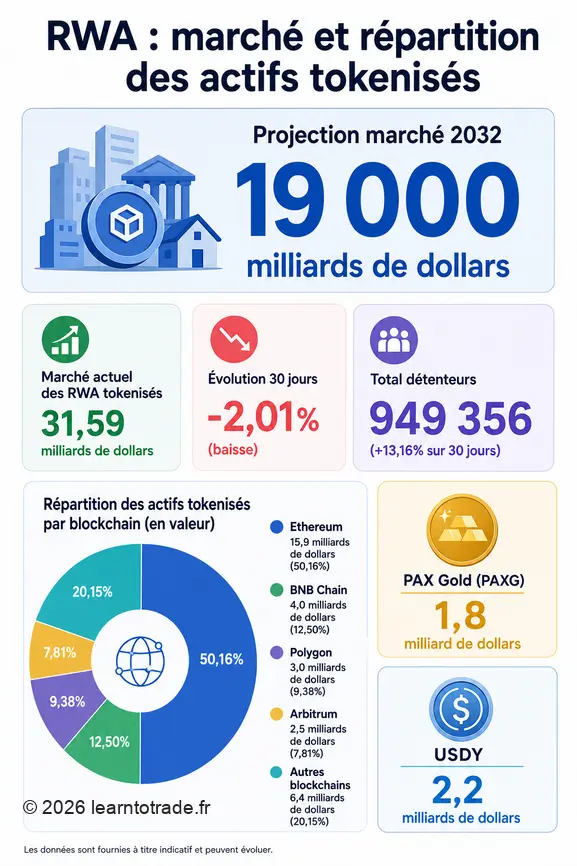 Infographie sur la tokenisation des actifs du monde réel (RWA), montrant la taille du marché et sa répartition.