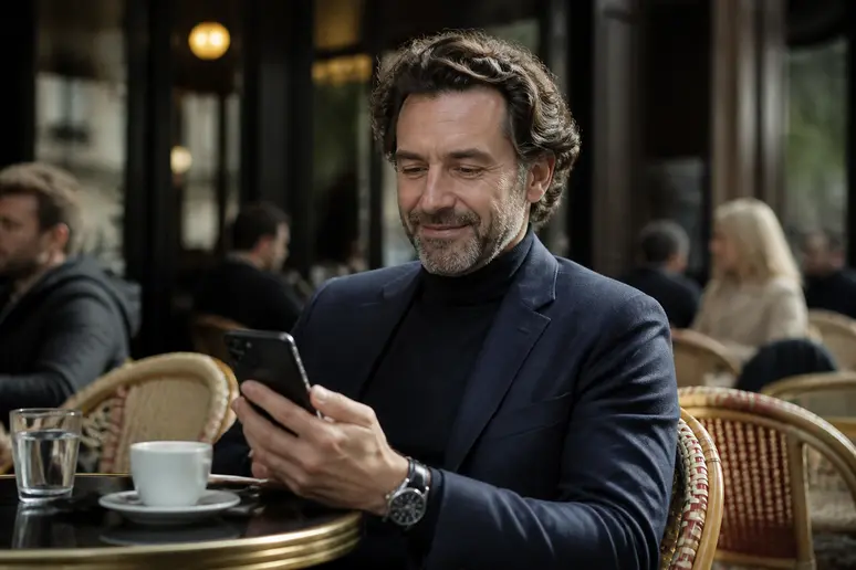 Un homme d'affaires parisien consulte des informations sur le staking crypto sur son téléphone dans l'ambiance d'un café typique.
