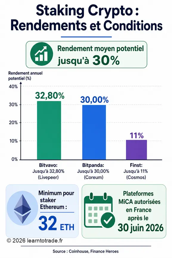 Infographie comparant les rendements potentiels du staking crypto, le minimum d'ETH requis et la date de mise en conformité réglementaire.