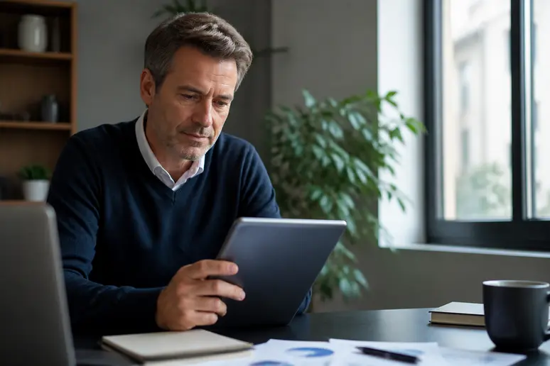 Un homme d'affaires français analyse des graphiques financiers sur une tablette dans un bureau moderne, lumière naturelle.