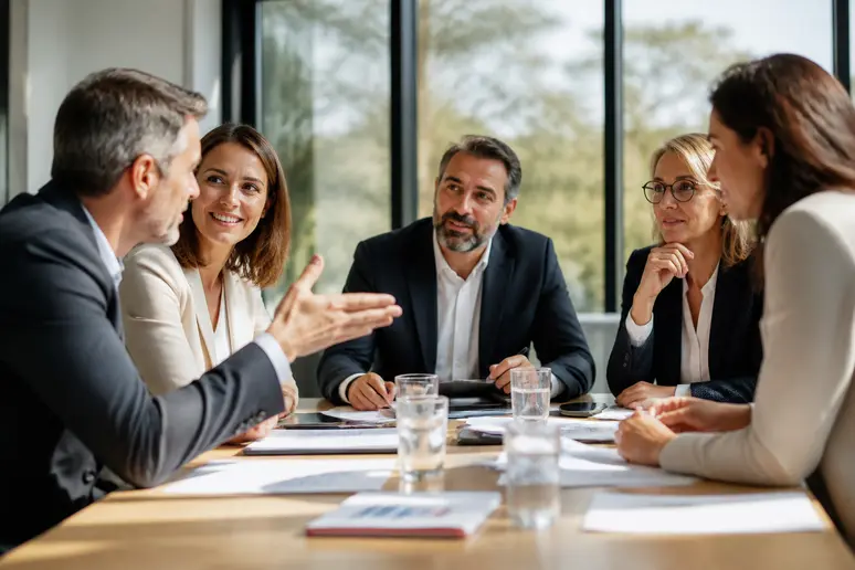 Un groupe diversifié de Français discute activement autour d'une table dans une salle de conférence moderne, lumière naturelle.