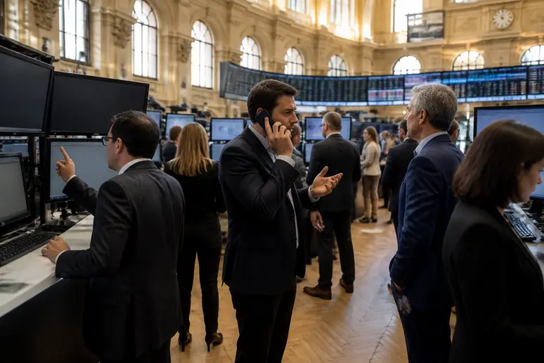 Des courtiers actifs sur le parquet de la Bourse de Paris, suivant les cours boursiers sur de multiples écrans.