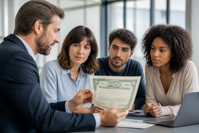 Un conseiller financier explique différents types d'actions à des investisseurs potentiels dans un bureau parisien.