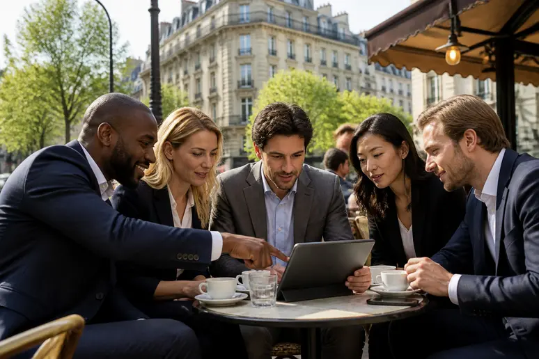 Groupe d'investisseurs discutant des actions boursières sur une tablette, dans une ambiance de café parisien.