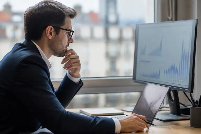 Analyste financier examinant attentivement des graphiques boursiers sur son ordinateur dans un bureau moderne.