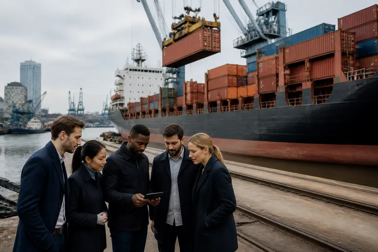 Des professionnels observent attentivement le chargement d'un navire dans un port européen, symbolisant le commerce et la logistique liés aux marchés carbone.