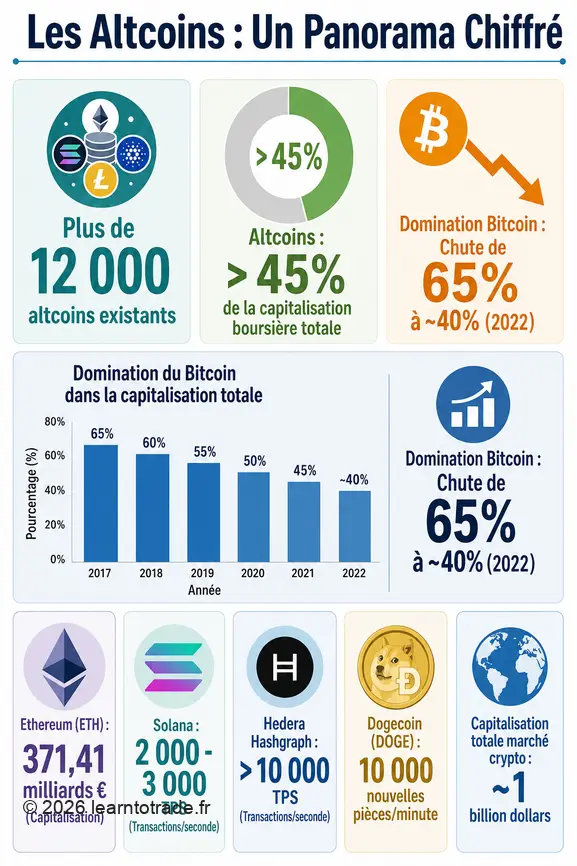 Infographie présentant les chiffres clés des altcoins : leur nombre, leur part de marché, l'évolution du Bitcoin et des exemples de performance.