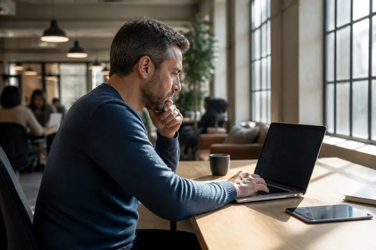Homme concentré sur son ordinateur analysant des graphiques pour l'analyse technique bourse.