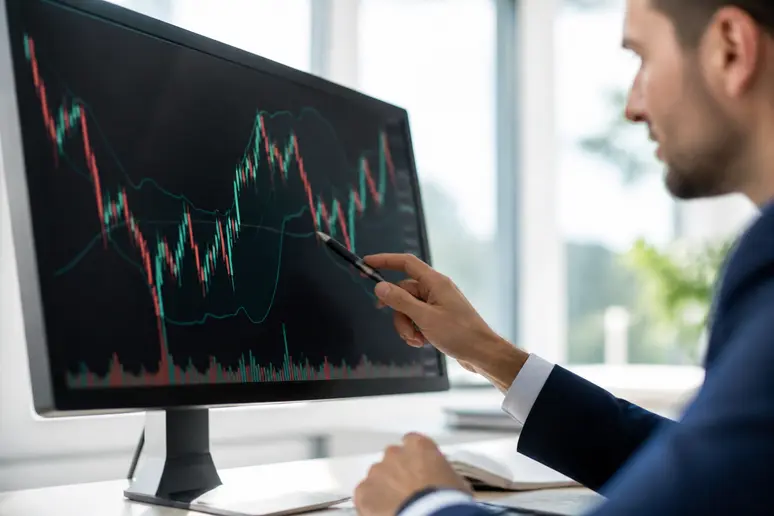 Analyste financier observant des bandes bollinger bourse sur un écran, interprétant la volatilité.