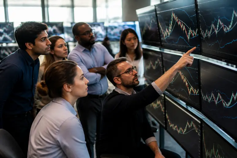 Traders analysant des stratégies de trading avec des bandes bollinger bourse sur plusieurs écrans.