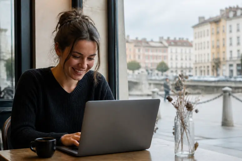 Une jeune Lyonnaise gère ses investissements cryptos dans un café, profitant d'une expérience utilisateur intuitive et accessible.