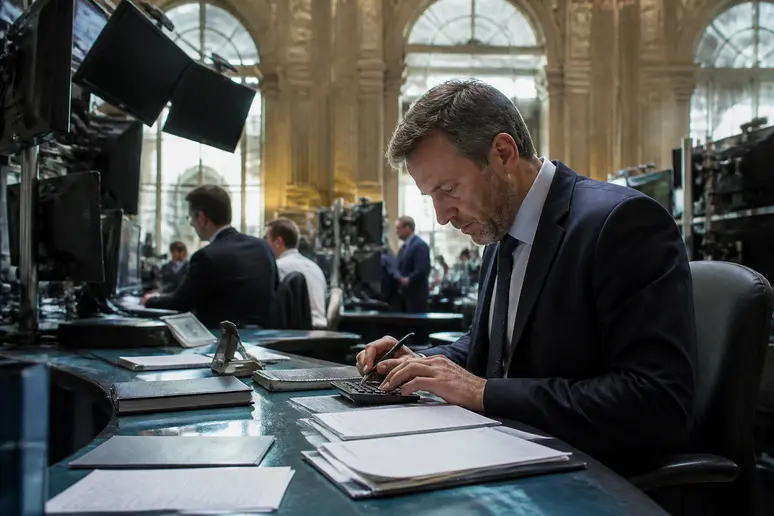 Trader parisien calculant le RSI bourse sur ses notes manuscrites, dans un bureau animé.