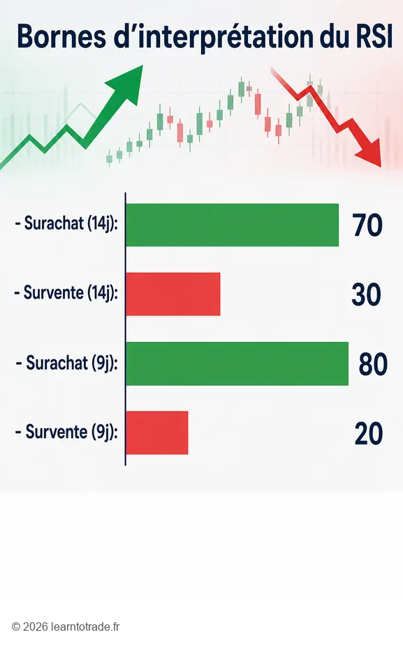 Visualisation des bornes de calcul RSI en bourse pour identifier surachat et survente.