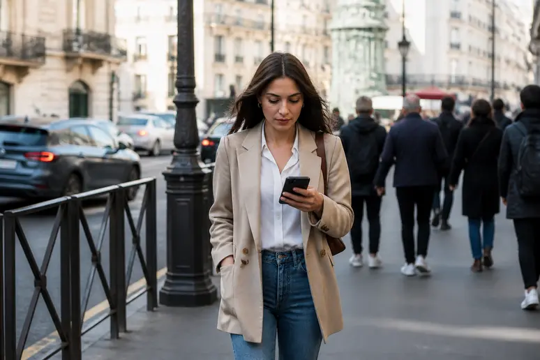 Une jeune Parisienne consulte son smartphone en marchant dans une rue animée, l'air songeur.