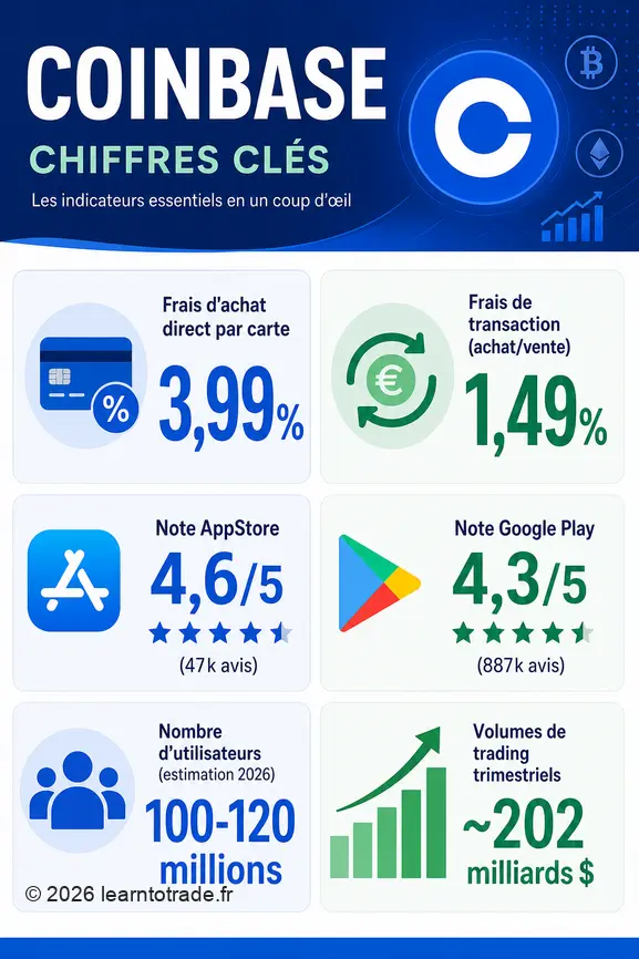 Synthèse des chiffres clés de Coinbase : frais de transaction, notes clients, nombre d'utilisateurs et volumes de trading.