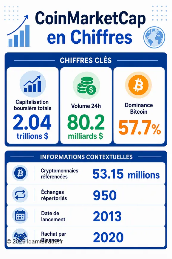 Infographie présentant les chiffres clés de CoinMarketCap : capitalisation, volume, dominance, nombre de cryptos et d'échanges.