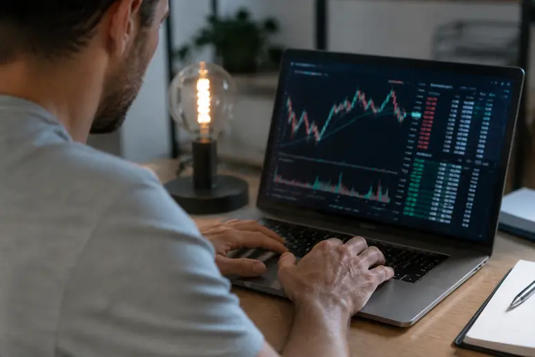 Les mains d'un homme français tapant sur un clavier d'ordinateur, naviguant sur une plateforme de trading boursier.