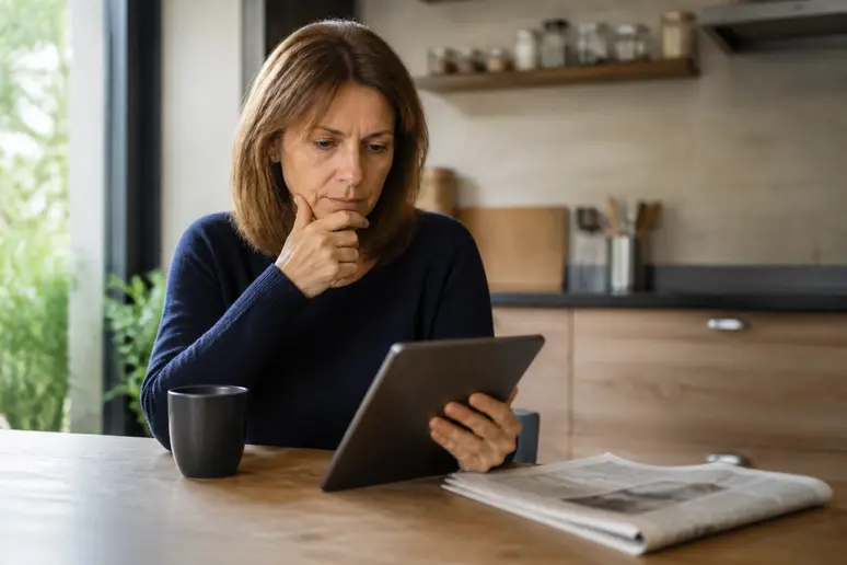 Femme consultant les données de son compte titres ordinaire sur une tablette.