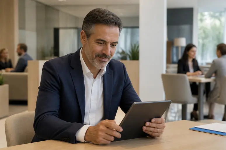 Un homme d'âge mûr analyse les frais du credit mutuel pea sur sa tablette dans une agence bancaire.