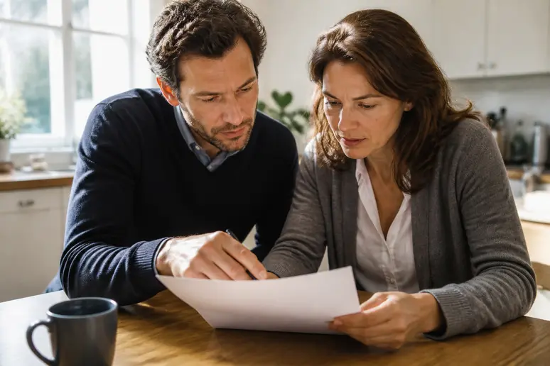Couple français examine les démarches de transfert de leur credit mutuel pea à la maison.