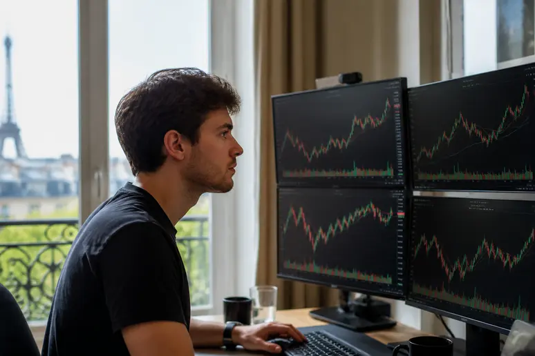 Un jeune homme parisien analyse des graphiques financiers complexes et des données de trading de cryptomonnaies sur plusieurs écrans.