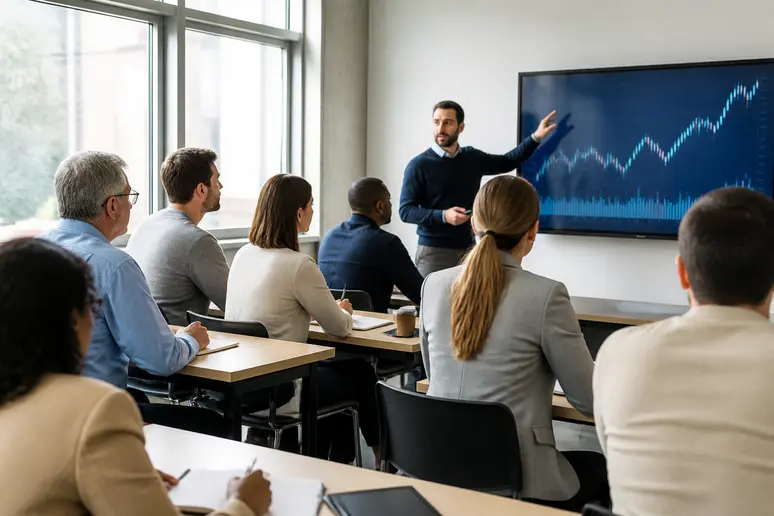 Apprentis traders suivant une formation sur les marchés financiers, comprendre le day trading c'est quoi.