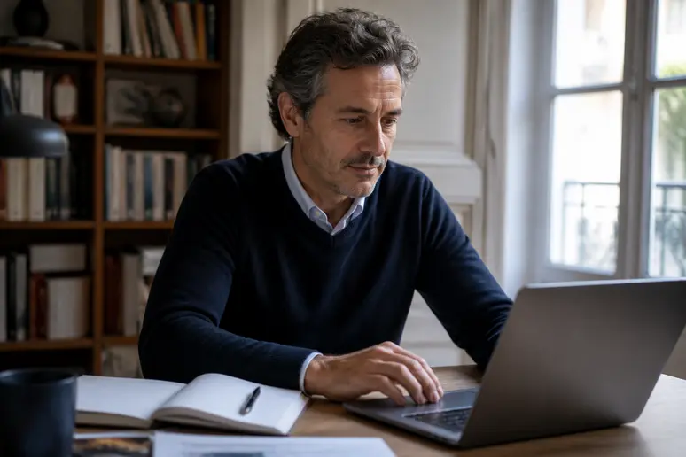 Un homme d'affaires français concentré analyse des graphiques financiers sur son ordinateur portable dans un bureau lumineux, représentant la patience de l'investisseur.