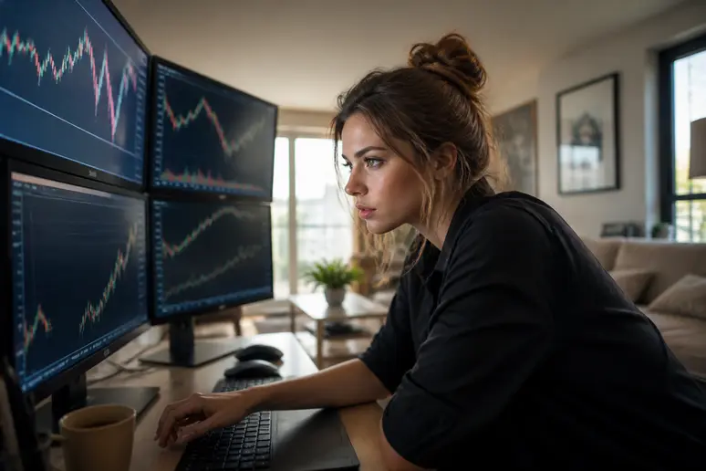 Une jeune femme française aux yeux vifs scrute avec concentration plusieurs écrans de données boursières, symbolisant l'activité intense du trading.