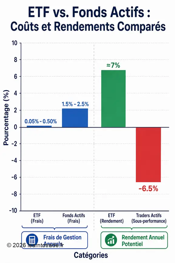 Infographie comparant les frais de gestion et les rendements des ETF face aux fonds actifs et traders.