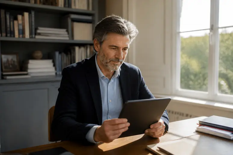 Un homme d'une cinquantaine d'années consulte des informations financières sur sa tablette, dans un bureau lumineux à domicile.