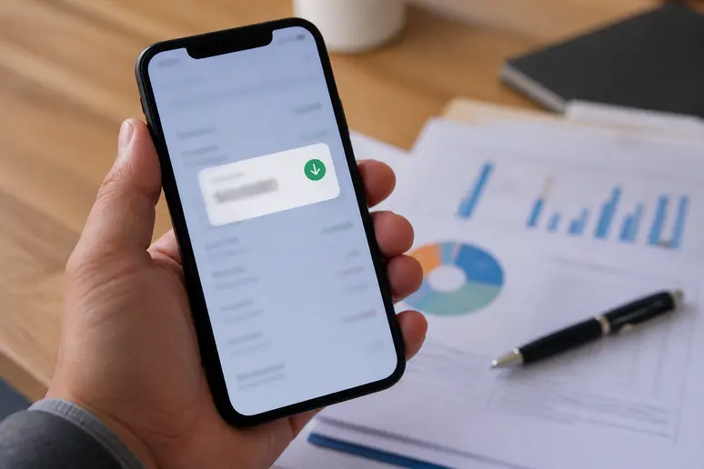 Une main tient un smartphone affichant une notification de dépôt de dividende, dans un environnement de bureau domestique.