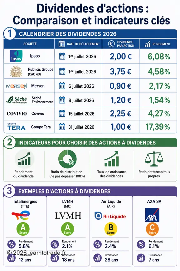 Comparaison des dividendes d'actions françaises 2026, incluant rendements, dates et indicateurs pour l'investissement.