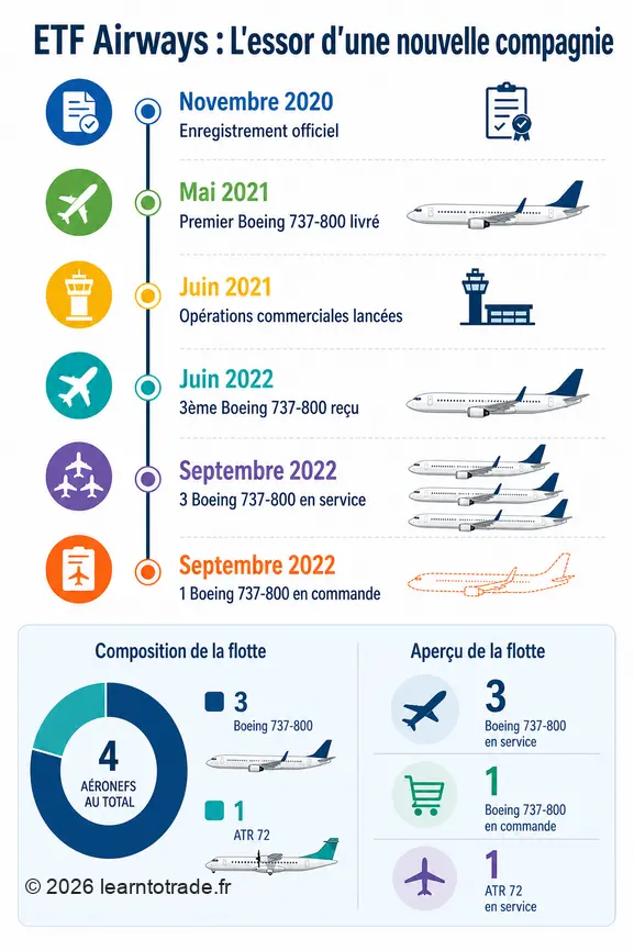 Infographie chronologique illustrant la création et la croissance de la flotte de la compagnie aérienne croate ETF Airways.