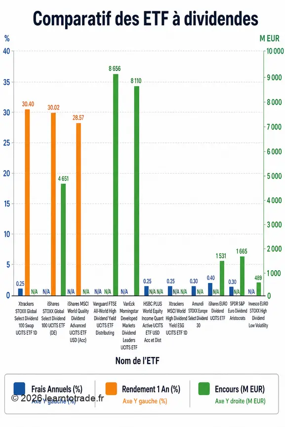 Comparaison visuelle des frais, rendements et volumes d'encours de divers ETF à dividendes.