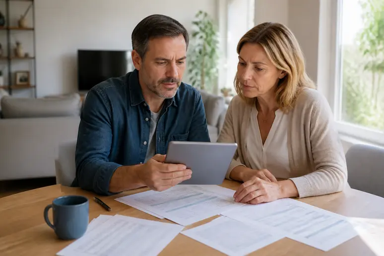 Couple français consultant une tablette avec des documents financiers sur une table, discutant de leurs investissements.