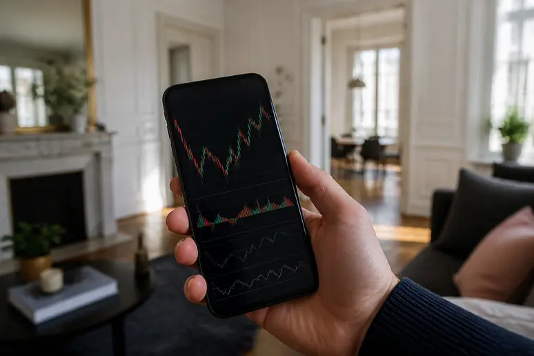 Main tenant un smartphone affichant des graphiques boursiers volatils, illustrant les fluctuations des marchés financiers.