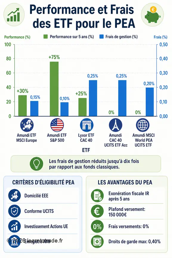 Graphique comparant les performances et frais d'ETF éligibles au PEA, avec critères d'éligibilité et avantages du plan d'épargne.