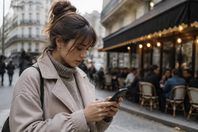 Une jeune Parisienne consulte les données financières sur son smartphone, dans un décor de rue animé.