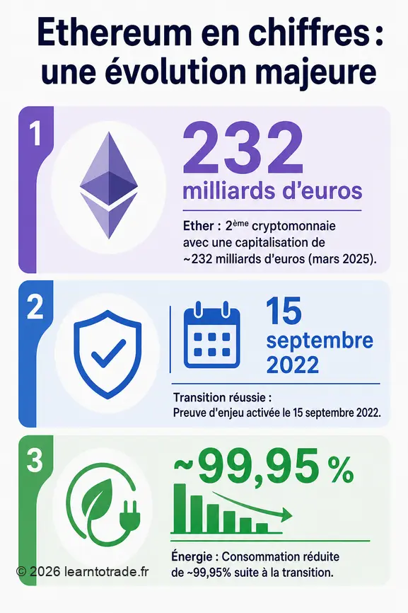 Infographie sur Ethereum : capitalisation, transition vers la preuve d'enjeu et réduction énergétique.