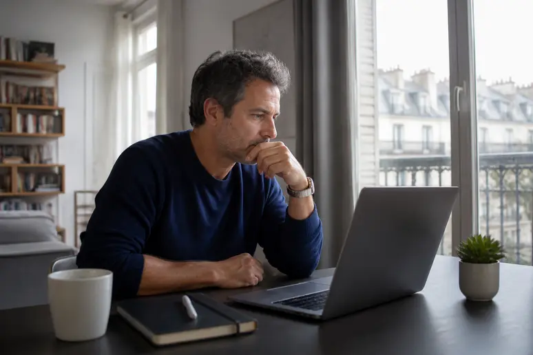 Un homme français concentré apprend la bourse en ligne depuis son salon à Paris.