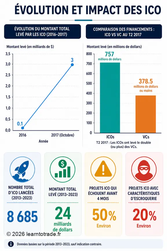 Infographie montrant la croissance rapide des fonds levés par les ICO en 2017 et leur comparaison avec le capital-risque.