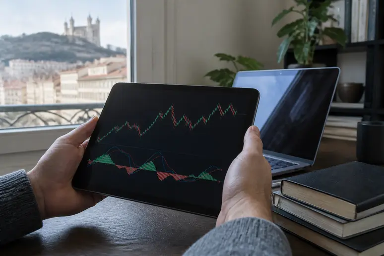 Main tenant une tablette avec le macd trading indicateur, confirmant la fiabilité des signaux financiers.